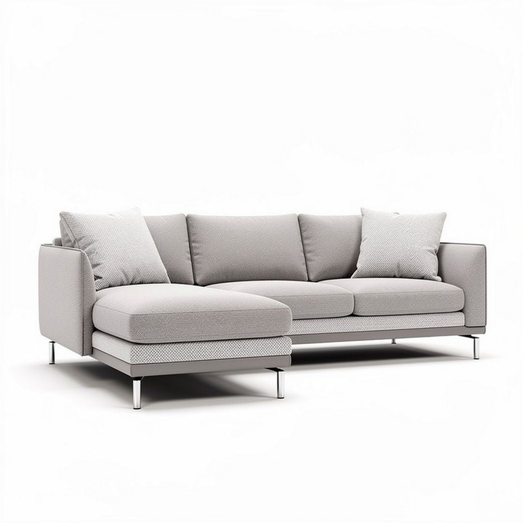 Hoekbank in grijs stof met metalen poten 220 x 90 x 85cm