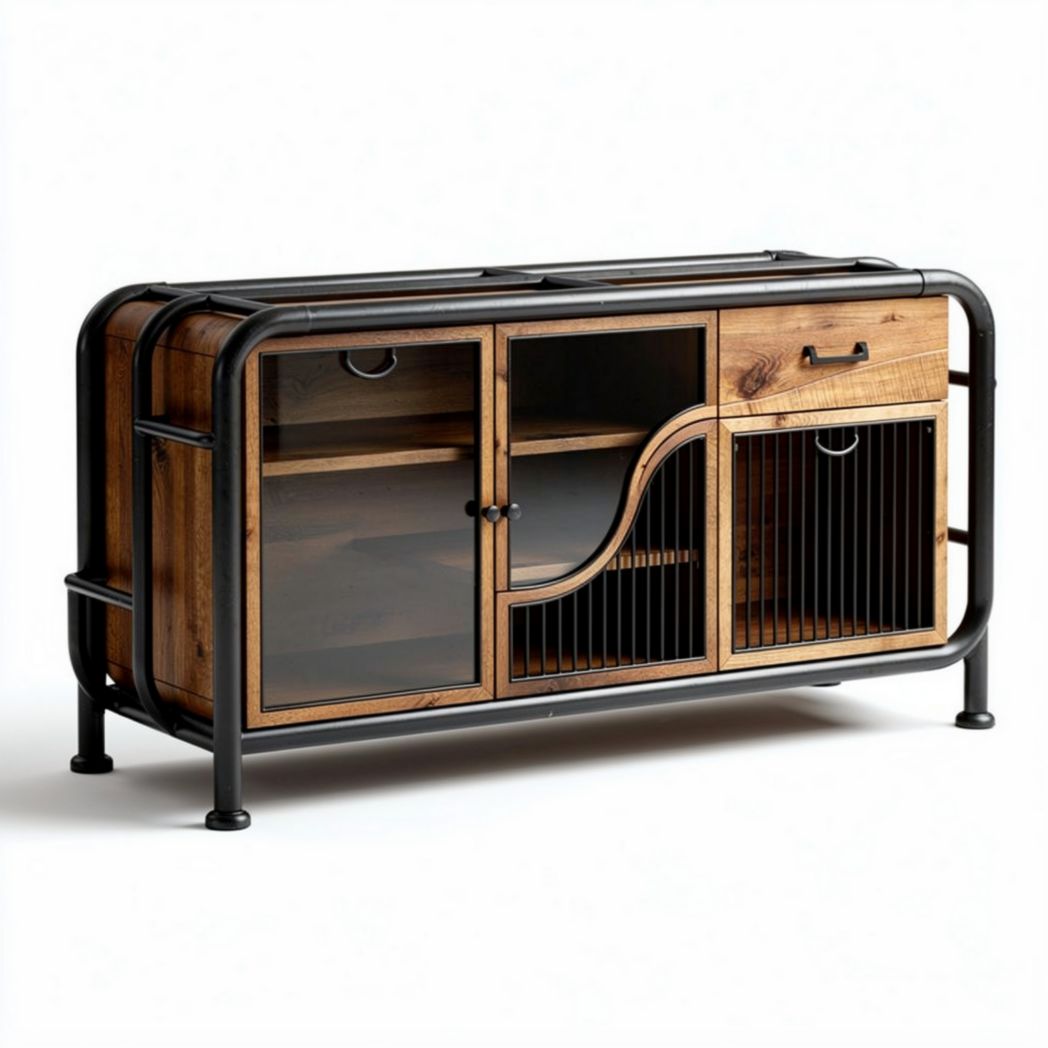 Houten hondenbench met metalen frame en glazen deuren 100 x 40 x 70cm