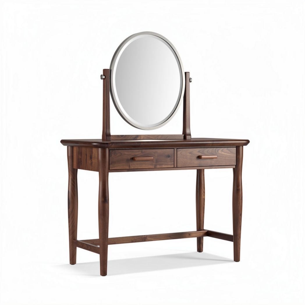 Luxe houten kaptafel met ronde spiegel en twee lades 120 x 40 x 75cm